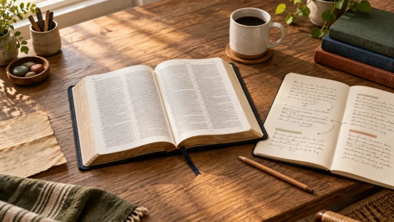 Warm sunlit wooden study table with an open Bible, a handwritten notebook with arrows and highlighted notes, pencil, coffee mug, stacked books, and potted plants.