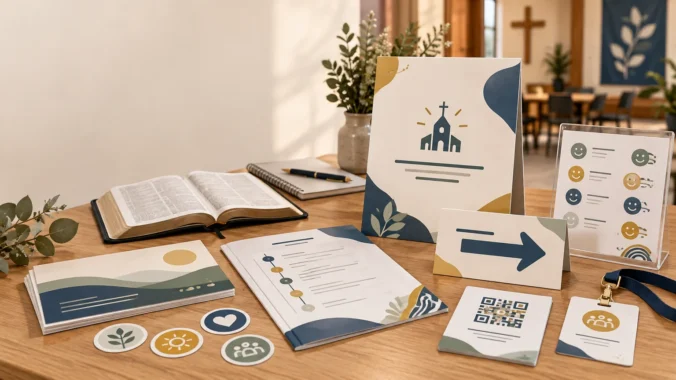 Warm tabletop scene in a church room with an open Bible, notebooks, printed event signs, timeline handouts, circular stickers, a QR-code card, name badge, and a directional arrow sign. A cross and chairs are visible in the softly blurred background.