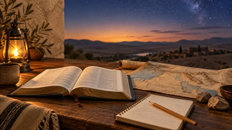Open Bible, notebook, pencil, and vintage-style map on a wooden table beside a glowing lantern, overlooking hills beneath a starry evening sky.